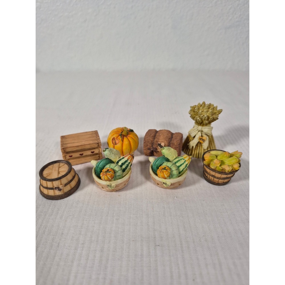 Mary's MooMoos Miniature Harvest Figure Set of 8 Pumpkin Corn Hay Wheat Fall